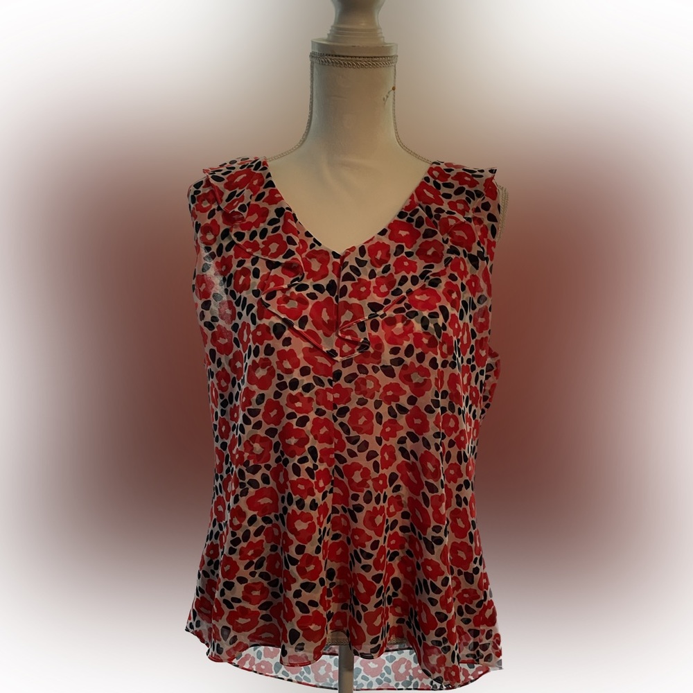 Cabi #5356 Flipside Blouse, floral print v-neck sleeveless ruffle blouse XL
